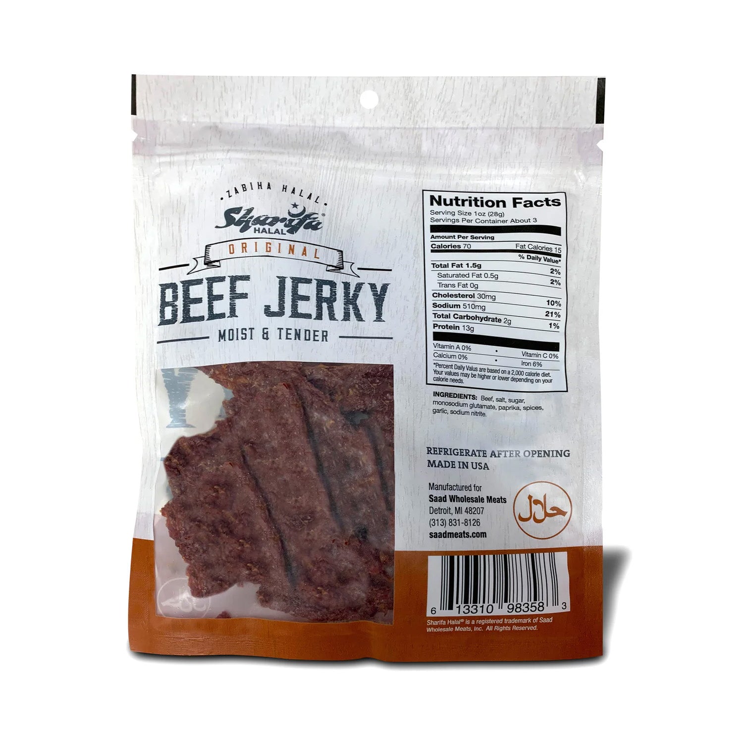 Sharifa Halal Beef Jerky, Original, (1) 2.85 oz. Bag – Great Everyday Halal Jerky Beef Meat Snack, 100 % Real Zabiha Halal Beef, 13g of Protein, 70 Calories, 0g Trans Fat, & 2g of Carbohydrates Brand: SHARIFA HALAL
