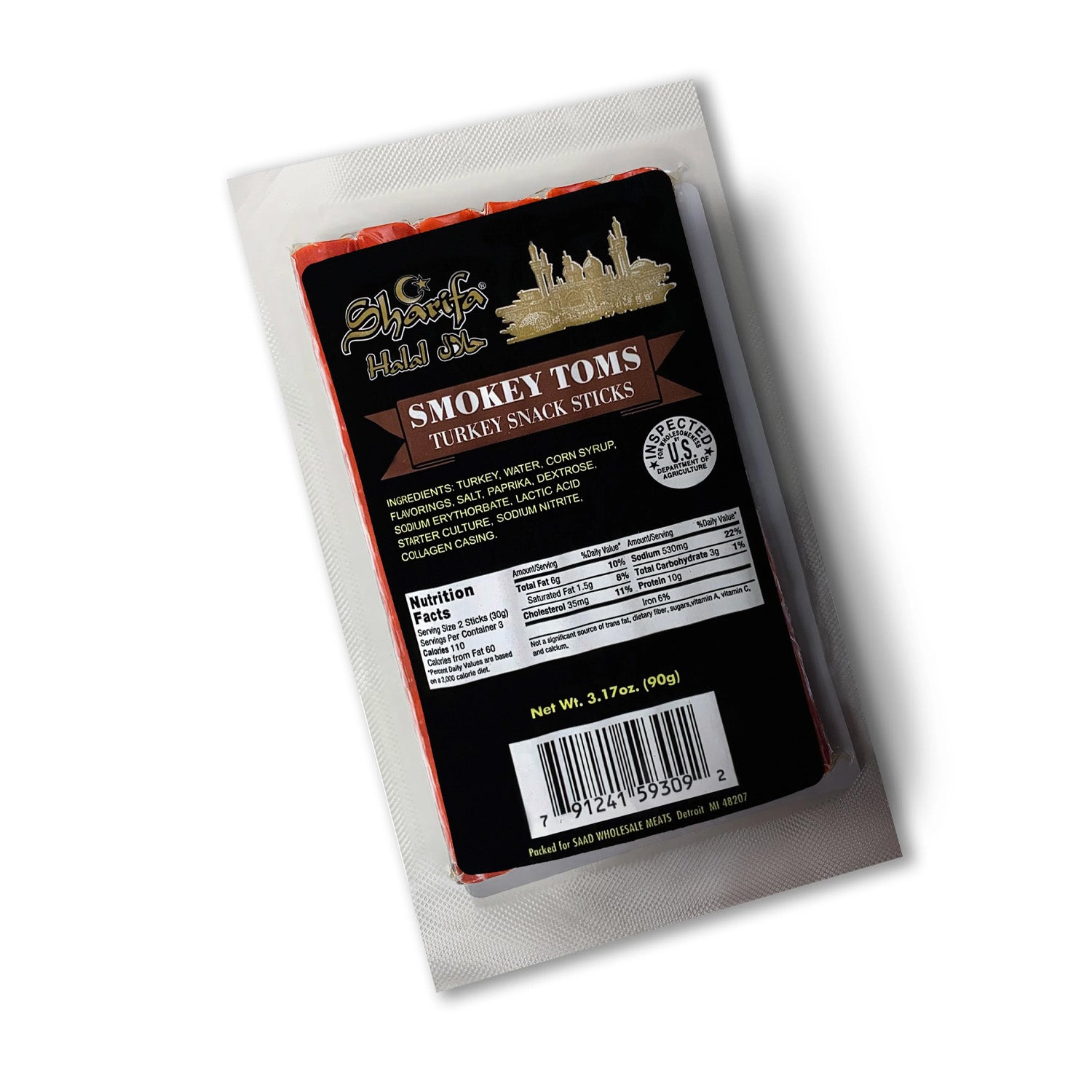 Sharifa Halal Smokey Toms Turkey Snack Sticks, (1) 3.17 oz. Package – Great Everyday Halal Turkey Snack, 100 % Real Zabiha Halal Turkey, 10g of Protein, 110 Calories, & 3g of Carbohydrates
