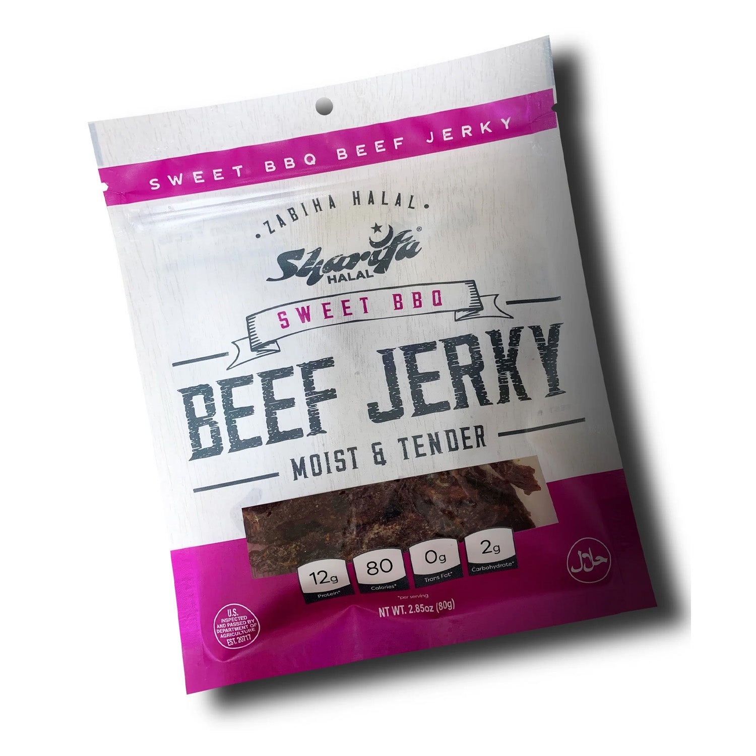 Sharifa Halal Beef Jerky, Sweet BBQ, (1) 2.85 oz. Bag – Great Everyday Halal Jerky Beef Meat Snack, 100 % Real Zabiha Halal Beef, 12g of Protein, 80 Calories, 0g Trans Fat, & 2g of Carbohydrates