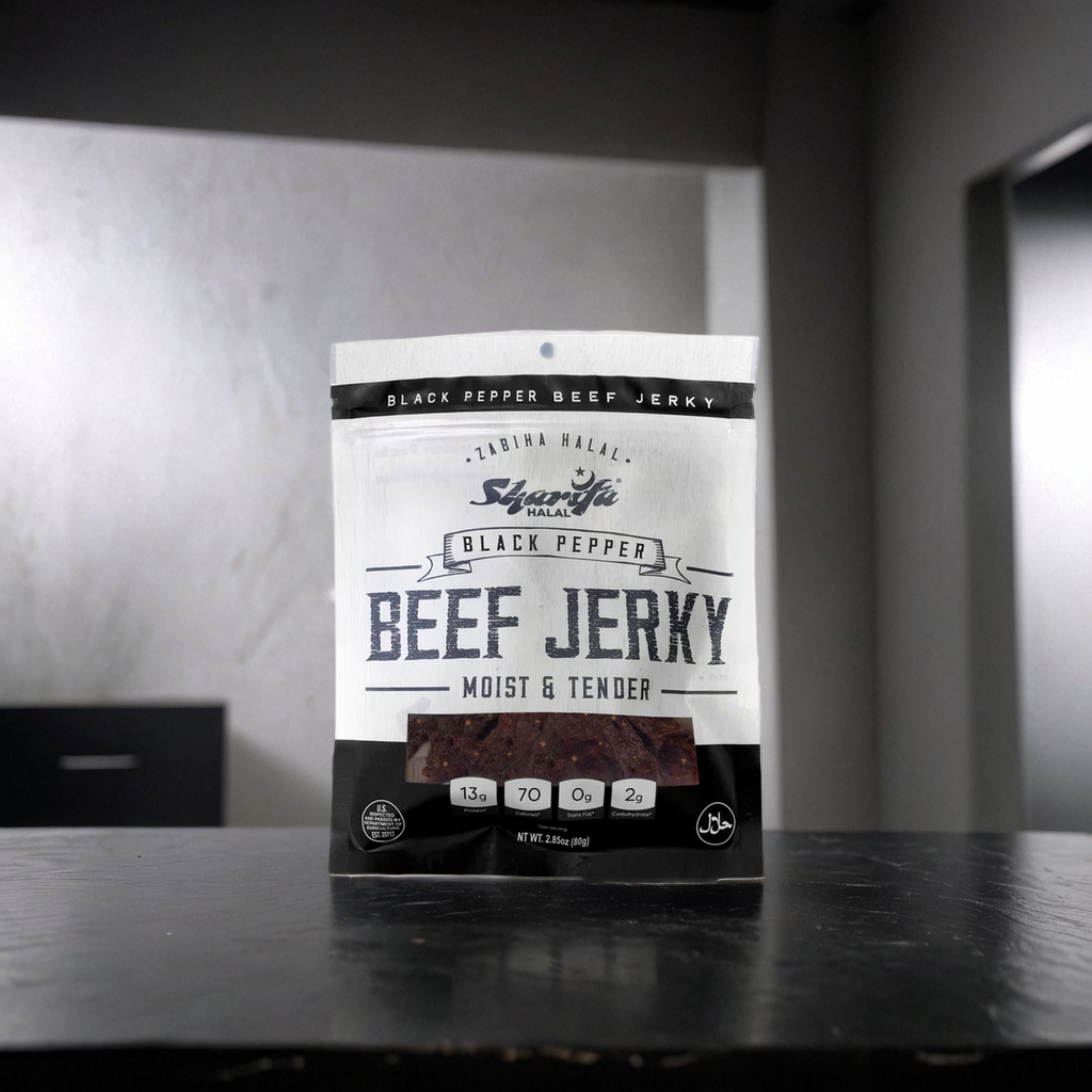 Sharifa Halal Beef Jerky, Black Pepper, (1) 2.85 oz. Bag – Great Everyday Halal Jerky Beef Meat Snack, 100 % Real Zabiha Halal Beef, 13g of Protein, 70 Calories, 0g Trans Fat, & 2g of Carbohydrates