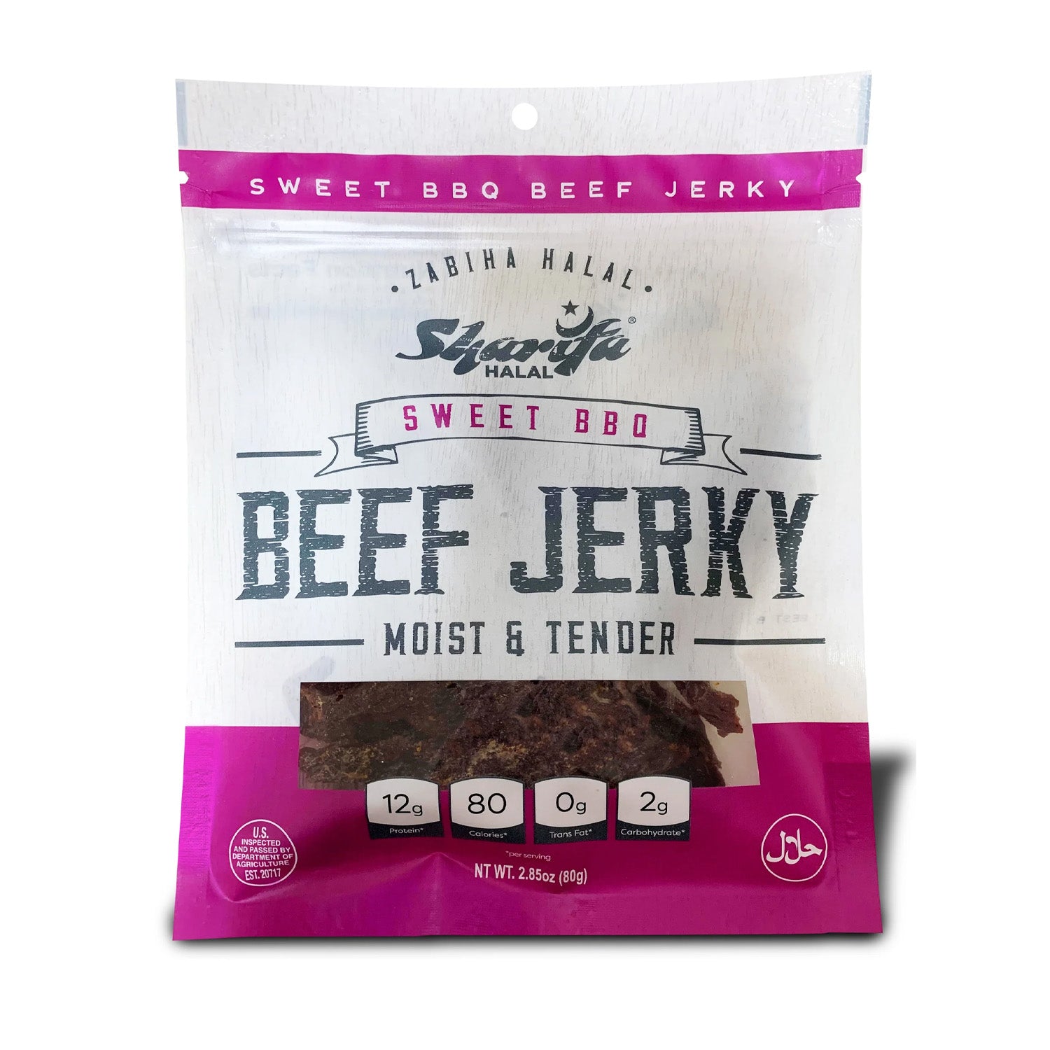 Sharifa Halal Beef Jerky, Sweet BBQ, (1) 2.85 oz. Bag – Great Everyday Halal Jerky Beef Meat Snack, 100 % Real Zabiha Halal Beef, 12g of Protein, 80 Calories, 0g Trans Fat, & 2g of Carbohydrates