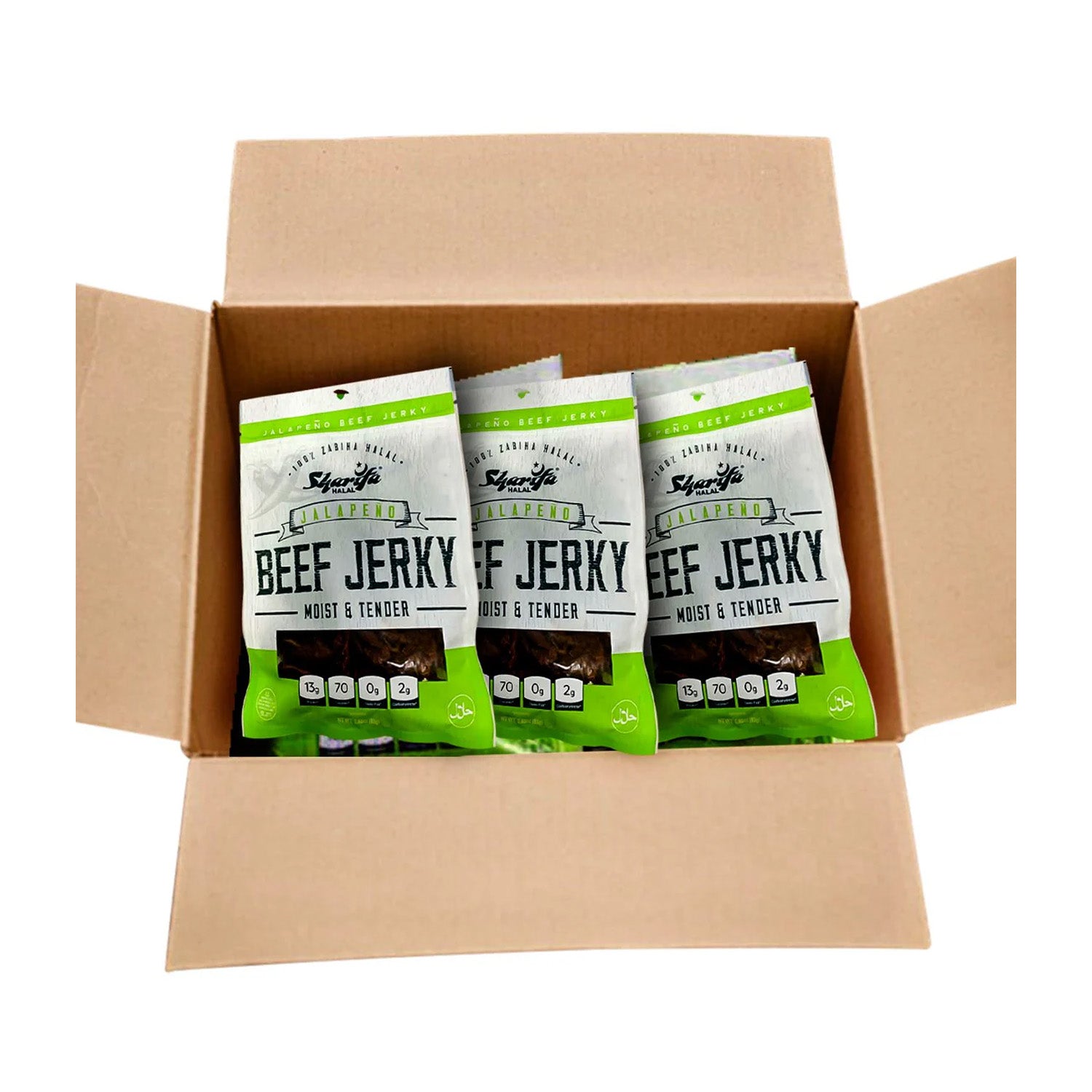 SHARIFA HALAL BEEF JERKY, JALAPENO, (1 Case) (12-2.85 OZ. BAGS) – GREAT EVERYDAY HALAL JERKY BEEF MEAT SNACK, 100 % REAL ZABIHA HALAL BEEF, 13G OF PROTEIN, 70 CALORIES, 0G TRANS FAT, & 2G OF CARBOHYDRATES