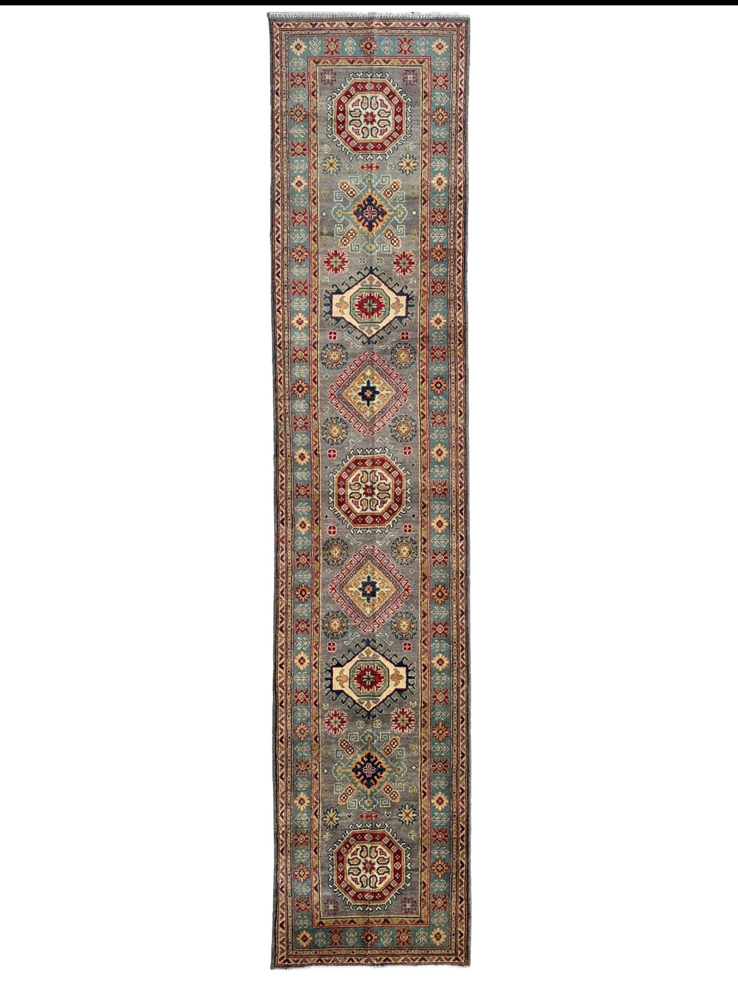 Hand-Knotted Afghan Kazak Wool Runner Rug – 2'7" x 12'3" – Traditional Geometric Design