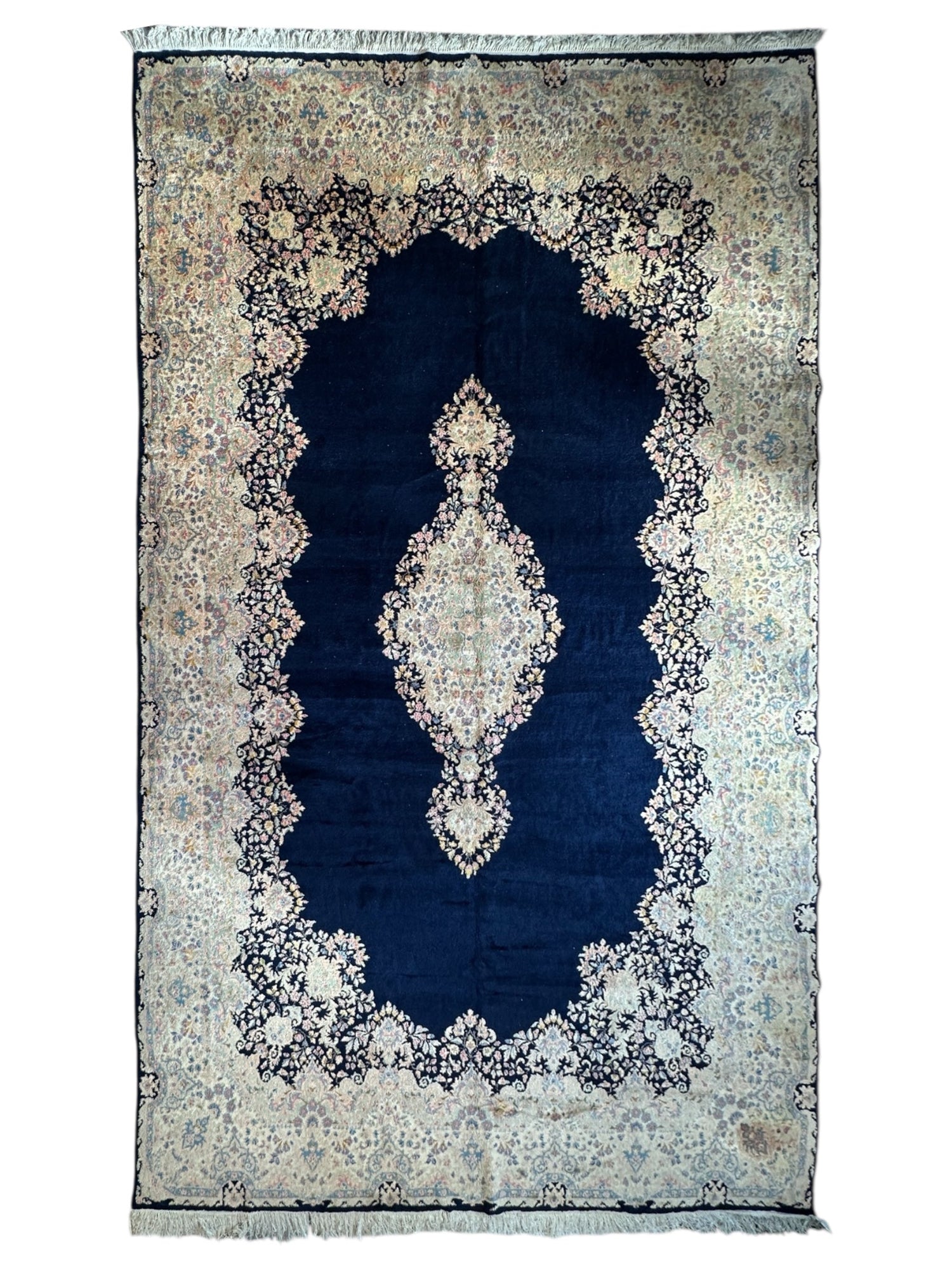 Palace-Size Vintage Royal Kirman Wool Rug – 9’9” x 17’2” – Hand-Knotted Persian Elegance with Deep Navy Field
