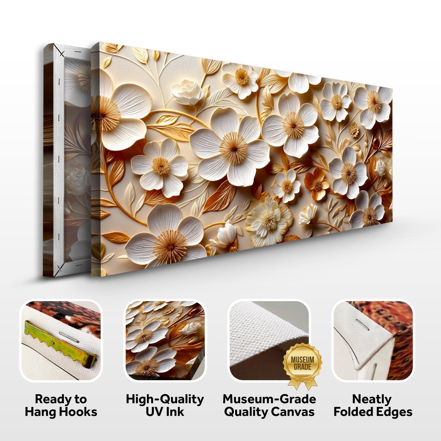 White And Golden Blooms Impasto Wall Art