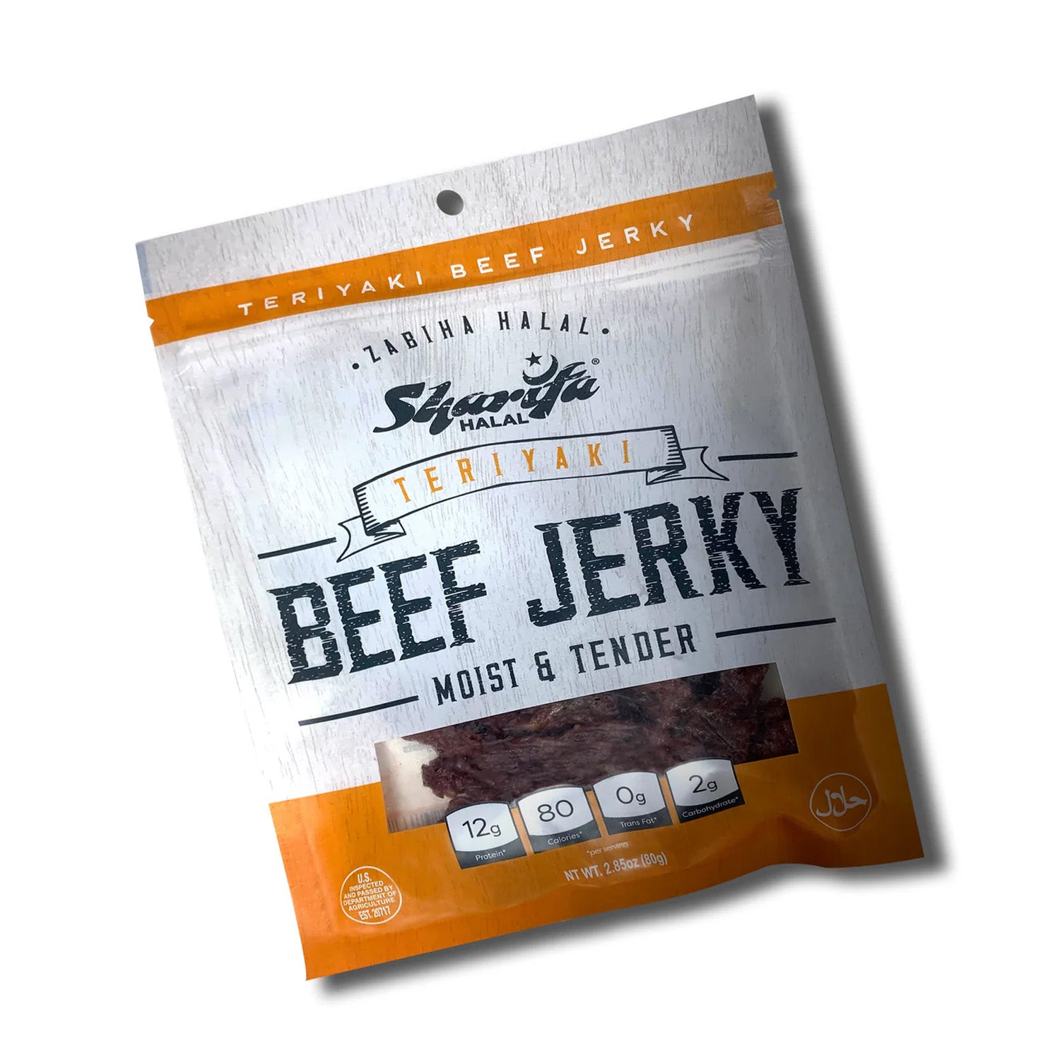 Sharifa Halal Beef Jerky, Teriyaki, (1) 2.85 oz. Bag – Great Everyday Halal Jerky Beef Meat Snack, 100 % Real Zabiha Halal Beef, 12g of Protein, 80 Calories, 0g Trans Fat, & 2g of Carbohydrates