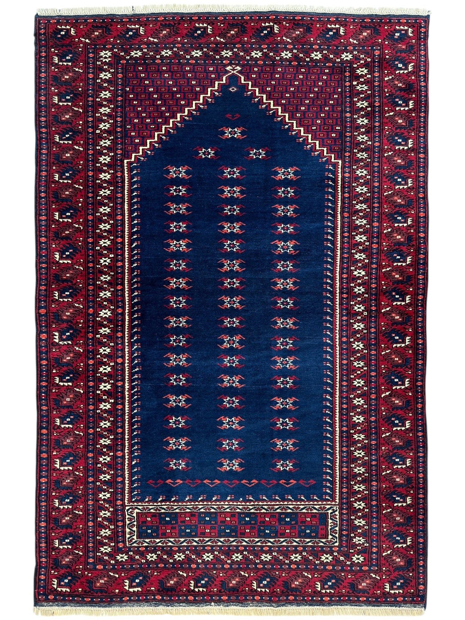 Vintage Hand-Knotted Yagcibedir Turkish Wool Prayer Rug – 3’10” x 5’9” – Deep Blue & Red Tribal Design