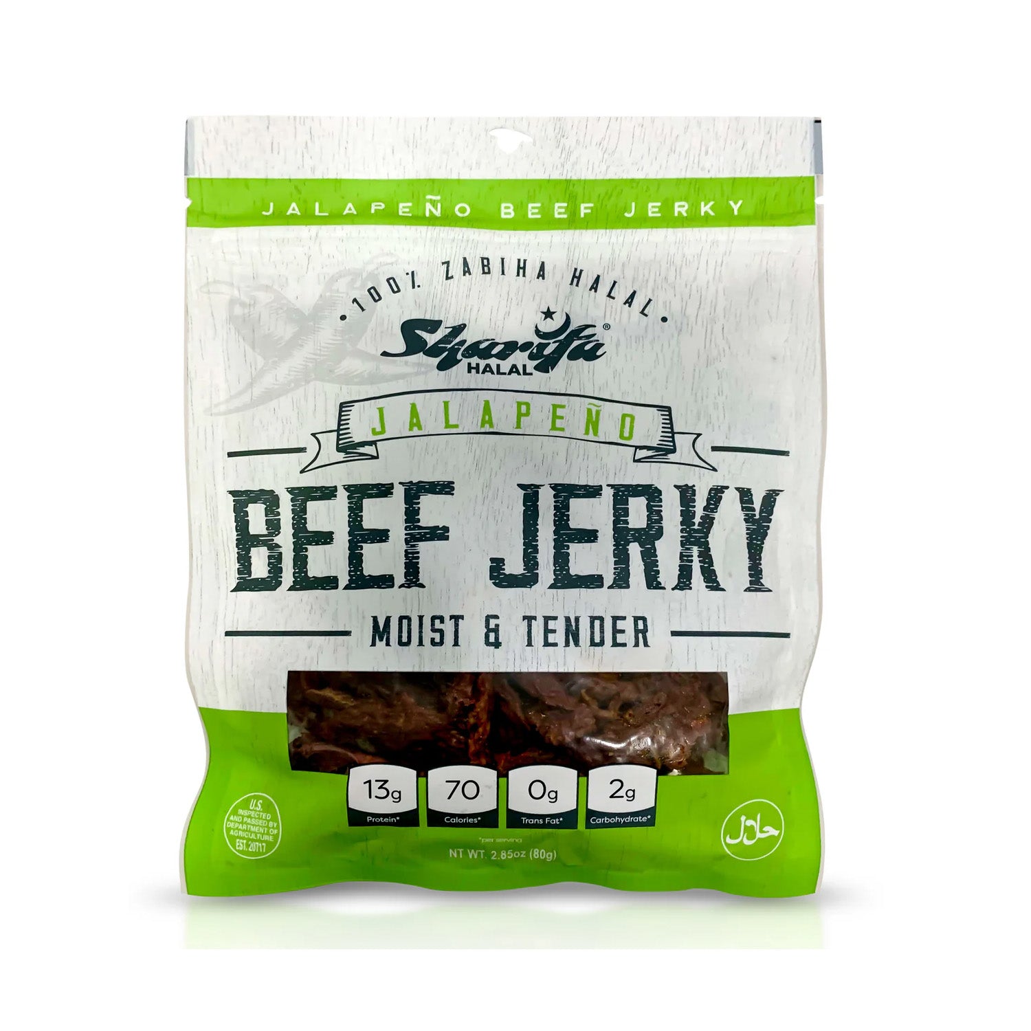 Sharifa Halal Beef Jerky, Jalapeno, (1) 2.85 oz. Bag – Great Everyday Halal Jerky Beef Meat Snack, 100 % Real Zabiha Halal Beef, 13g of Protein, 70 Calories, 0g Trans Fat, & 2g of Carbohydrates