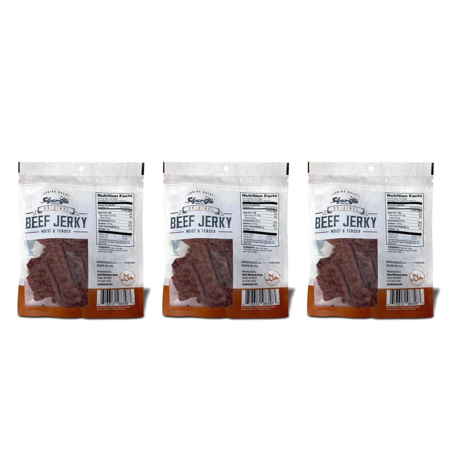 Sharifa Helal Sığır Eti Jerky, Orijinal, (3) 2,85 oz. Poşet - Harika Her Gün Helal Jerky Sığır Eti Atıştırmalığı, %100 Gerçek Zabiha Helal Sığır Eti, 13 g Protein, 70 Kalori, 0 g Trans Yağ ve 2 g Karbonhidrat