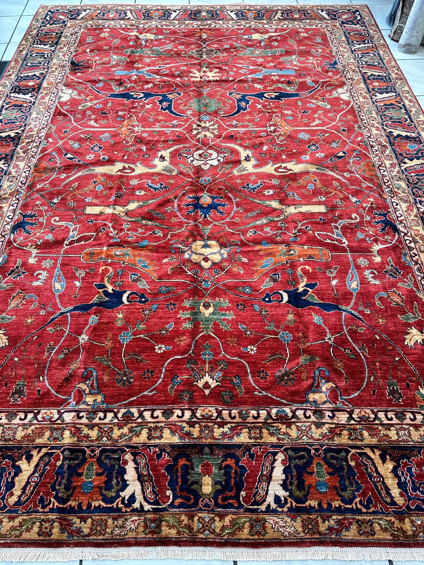 Hand-Knotted Afghani Bidjar Wool Rug – 9’x12’6” – Intricate Geometric & Floral Motifs