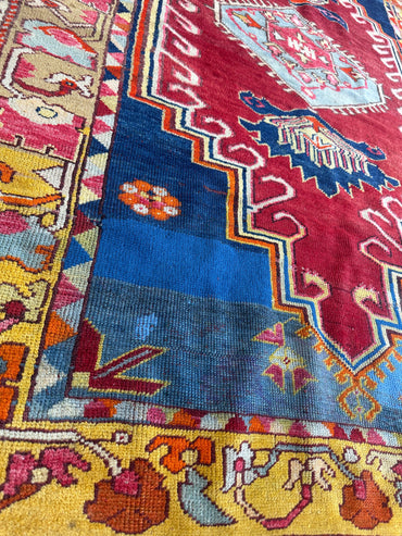 Hand-Knotted Antique Turkish Melas Wool Rug – 4'3" x 5'11" – Vibrant Geometric Motifs
