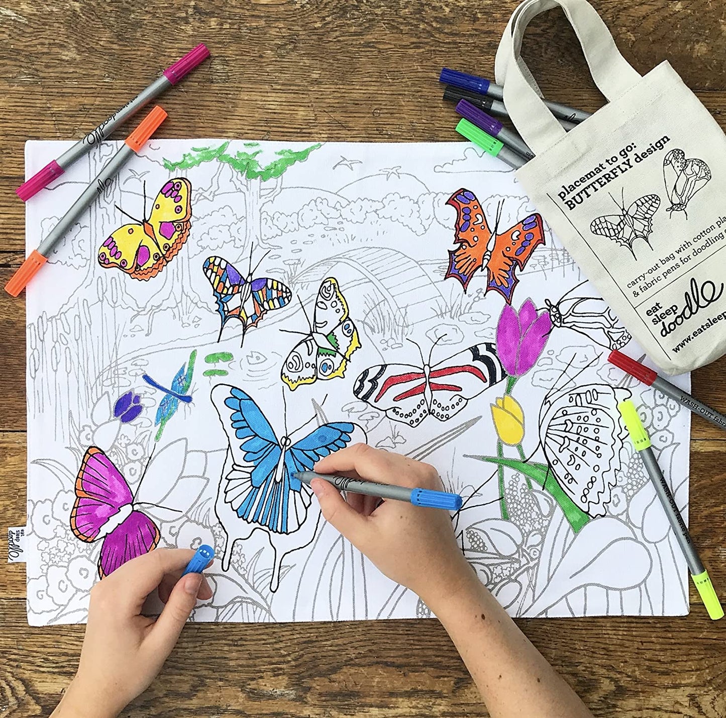 eatsleepdoodle Butterfly Placemat in Its Own Cotton Carry Bag to Color in, Fun Educational Butterflies of The World Design to Personalize, Washable Felt Tip Fabric Markers Included