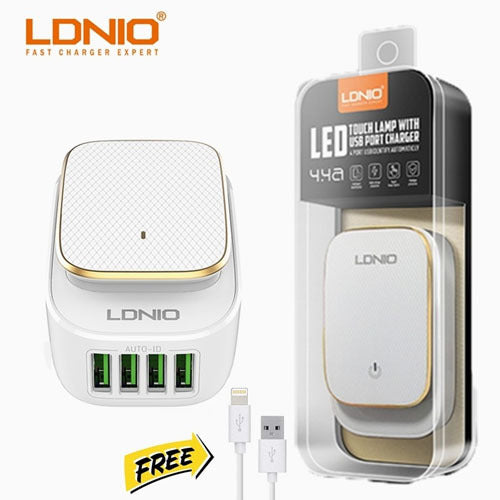 LDNIO 4 USB Port USA Plug 5V 4.4A Travel Charger with 3.3ft iOS Charger & Data Cable