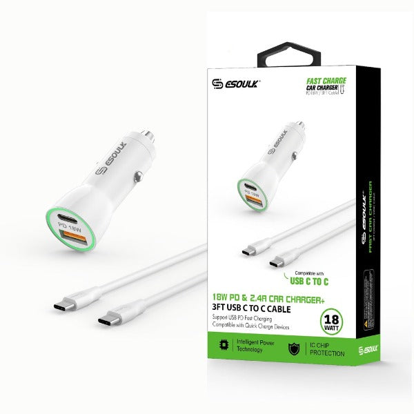 Esoulk 18W Car Charger PD & 2.4A USB with 3ft USB-C to C cable - White