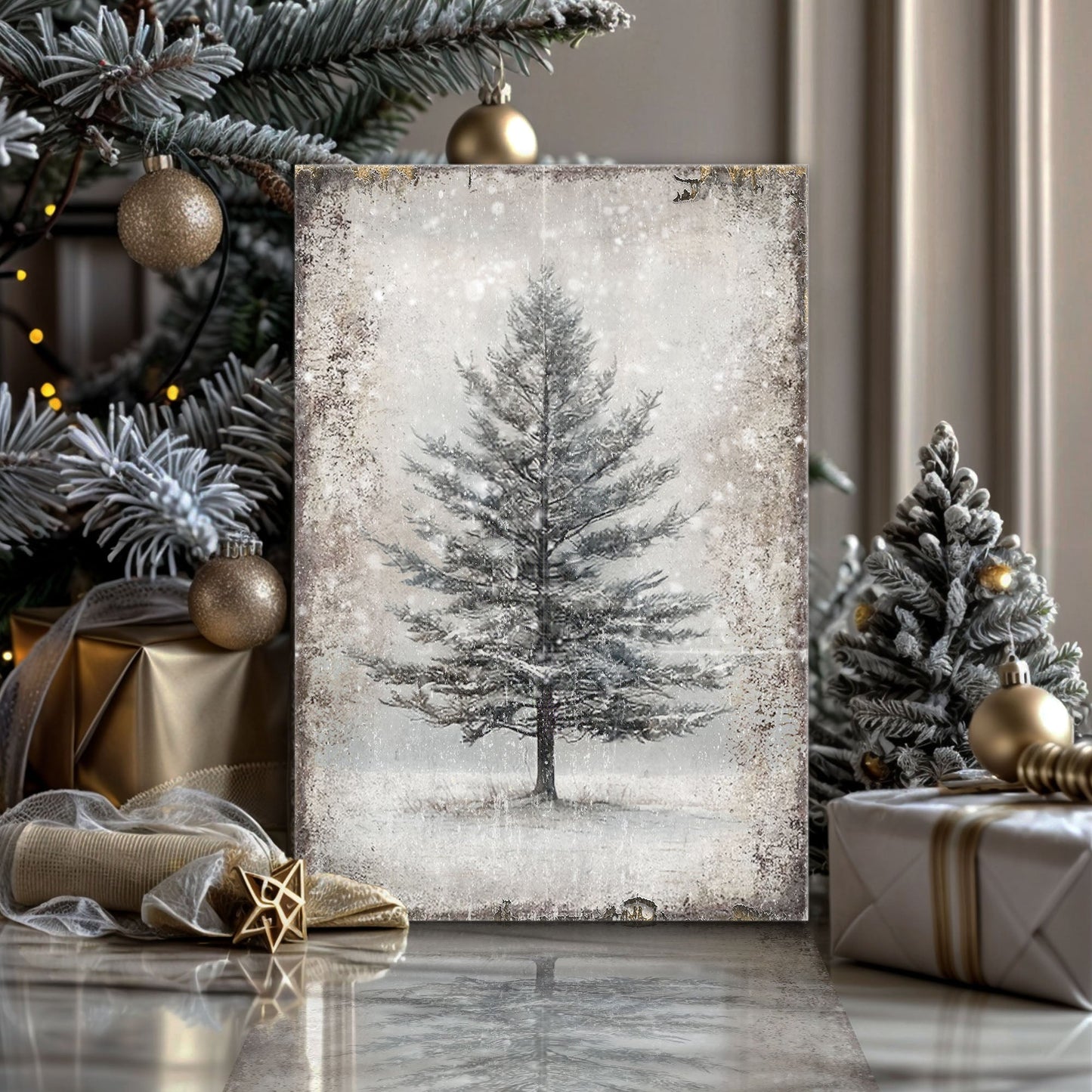 Vintage Christmas Tree Wall Art with Free Personalized Christmas Card