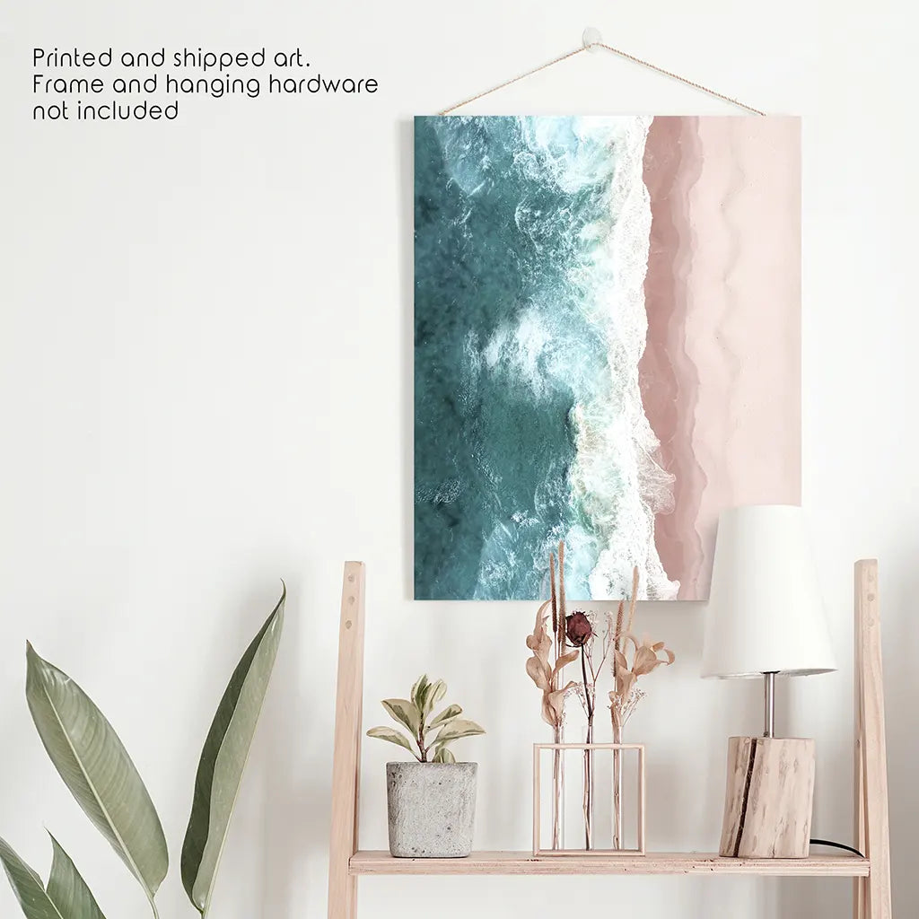 Okyanus Hava Baskısı. Nötr Pembe Plaj, Mavi Dalgalar