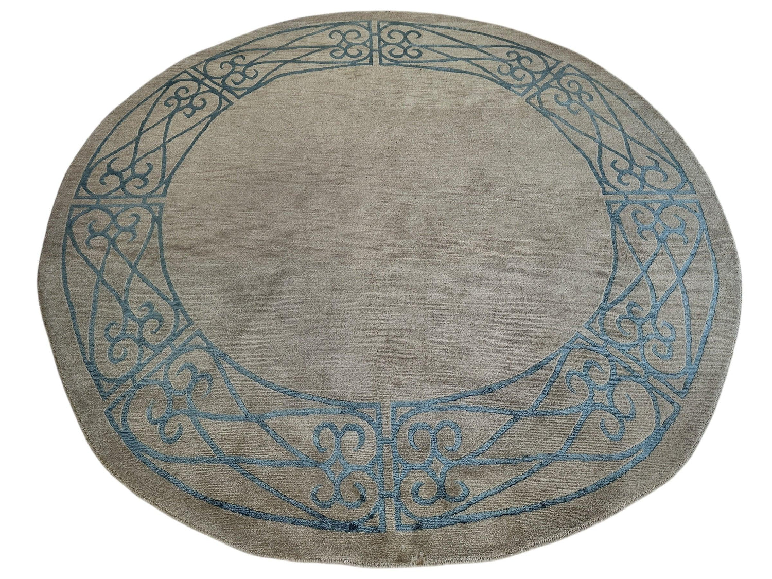 Hand-Knotted Tibetan Rug - 6' x 6'1" Round - Wool & Silk - Elegant Blue Border Design