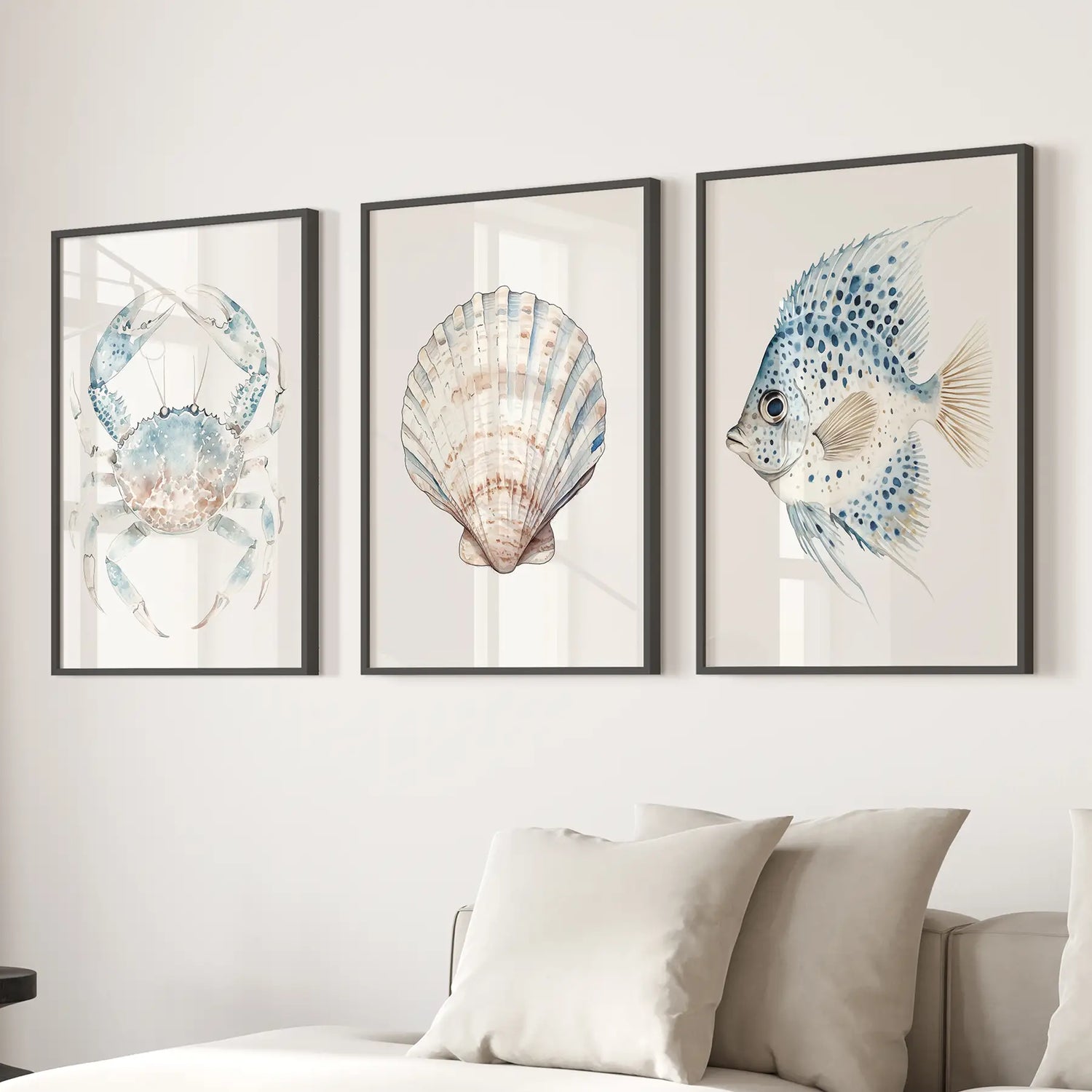 Watercolor Light Blue Nautical 3 Piece Art. Crab, Shell, Fish