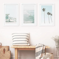 California Coastal Set of 3 Prints. Lifeguard, Surfers, Palms