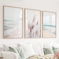 Coastal Boho Wall Art. Beach Pampas Grass, Blue Ocean Waves