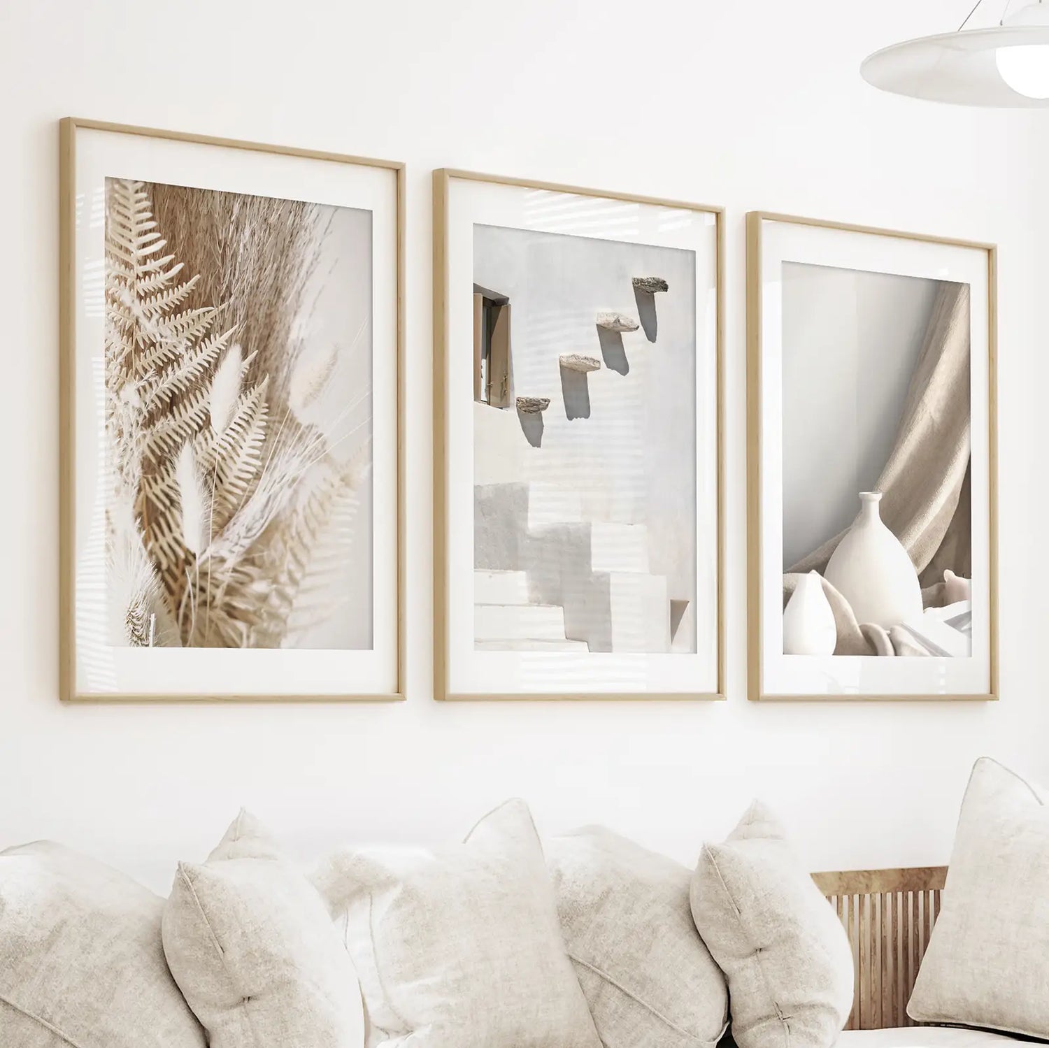 3 Parçalı Nötr Bohem Duvar Sanatı. Terakota Vazo ve Merdiven