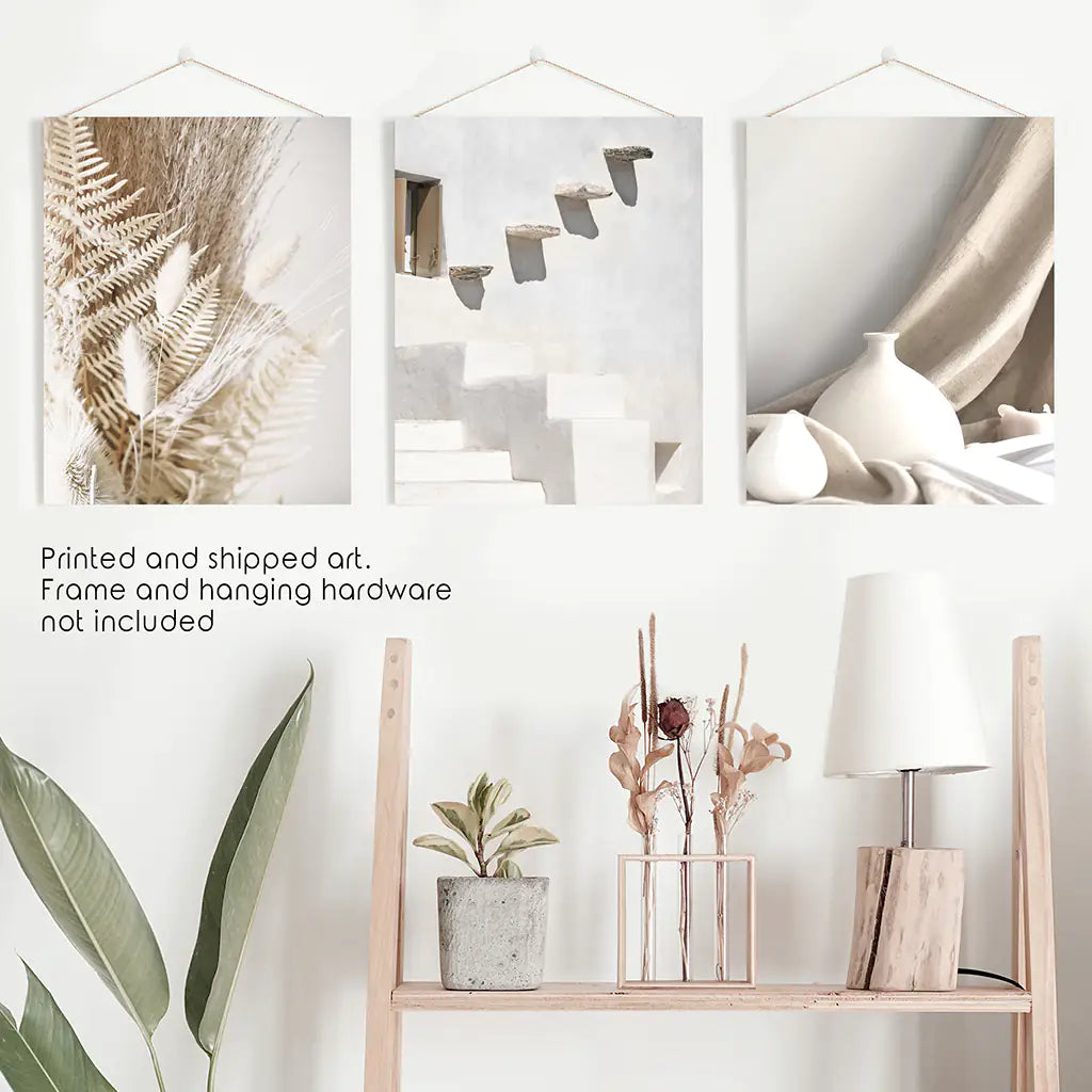 3 Parçalı Nötr Bohem Duvar Sanatı. Terakota Vazo ve Merdiven