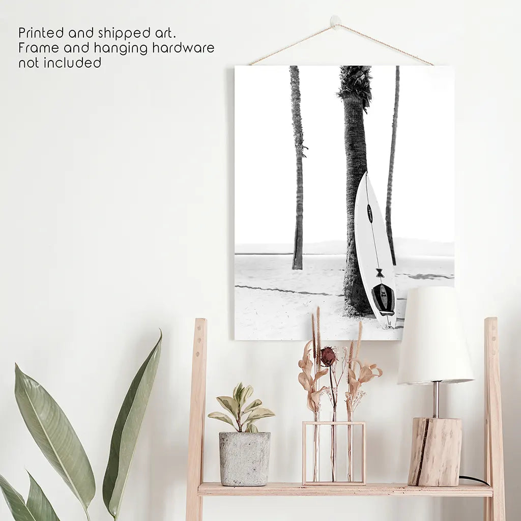 Siyah Beyaz Bohem Yaz Posteri. Sörf Tahtası, Palmiye Ağaçları