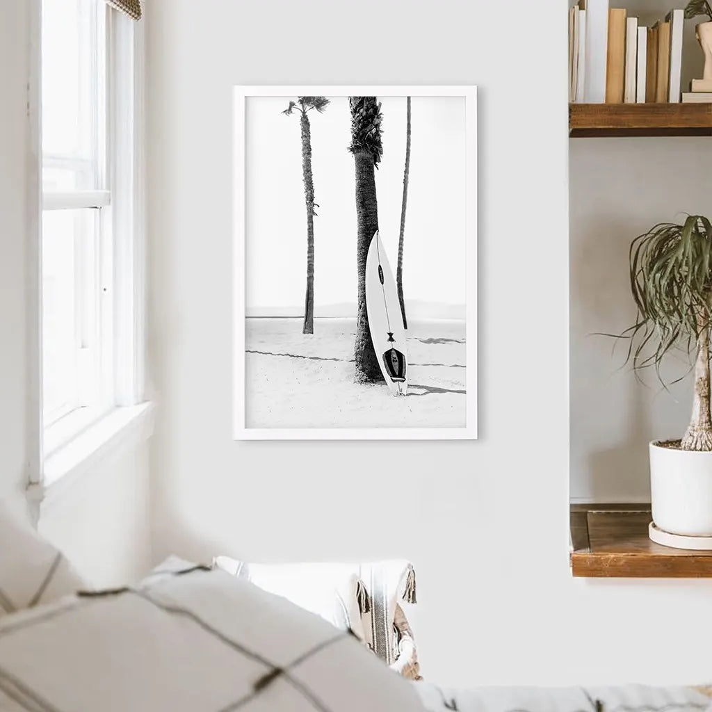 Siyah Beyaz Bohem Yaz Posteri. Sörf Tahtası, Palmiye Ağaçları
