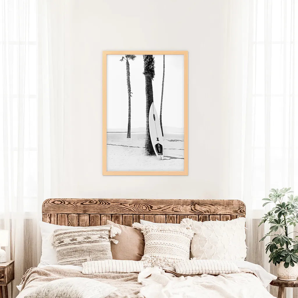 Black White Boho Summer Poster. Surfboard, Palm Trees