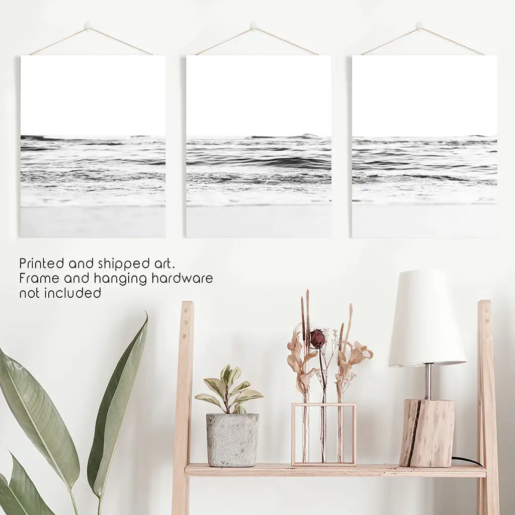 Siyah Beyaz Minimalist Plaj Dalgası Duvar Sanatı. 3 Parçalı Dekor