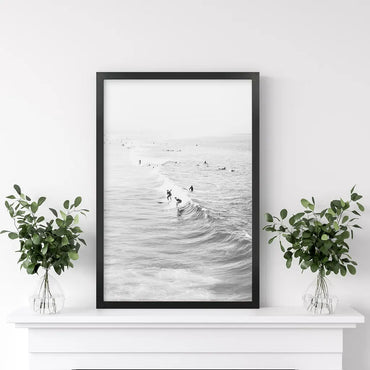 Black White Surfers on the Waves Wall Art Print