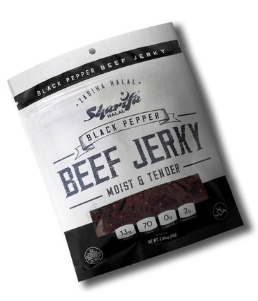 Sharifa Halal Beef Jerky, Black Pepper, (1) 2.85 oz. Bag – Great Everyday Halal Jerky Beef Meat Snack, 100 % Real Zabiha Halal Beef, 13g of Protein, 70 Calories, 0g Trans Fat, & 2g of Carbohydrates