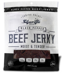 Sharifa Halal Beef Jerky, Black Pepper, (1) 2.85 oz. Bag – Great Everyday Halal Jerky Beef Meat Snack, 100 % Real Zabiha Halal Beef, 13g of Protein, 70 Calories, 0g Trans Fat, & 2g of Carbohydrates