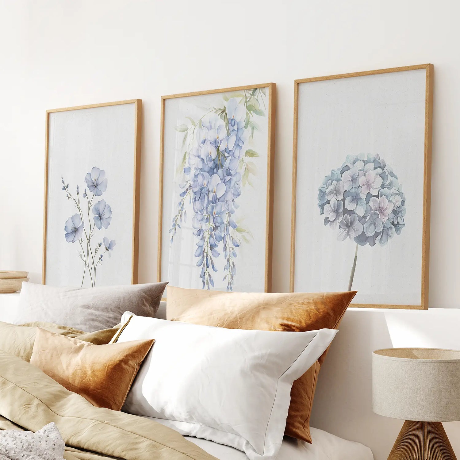 Set of 3 Blue Watercolor Minimalist Flowers Prints