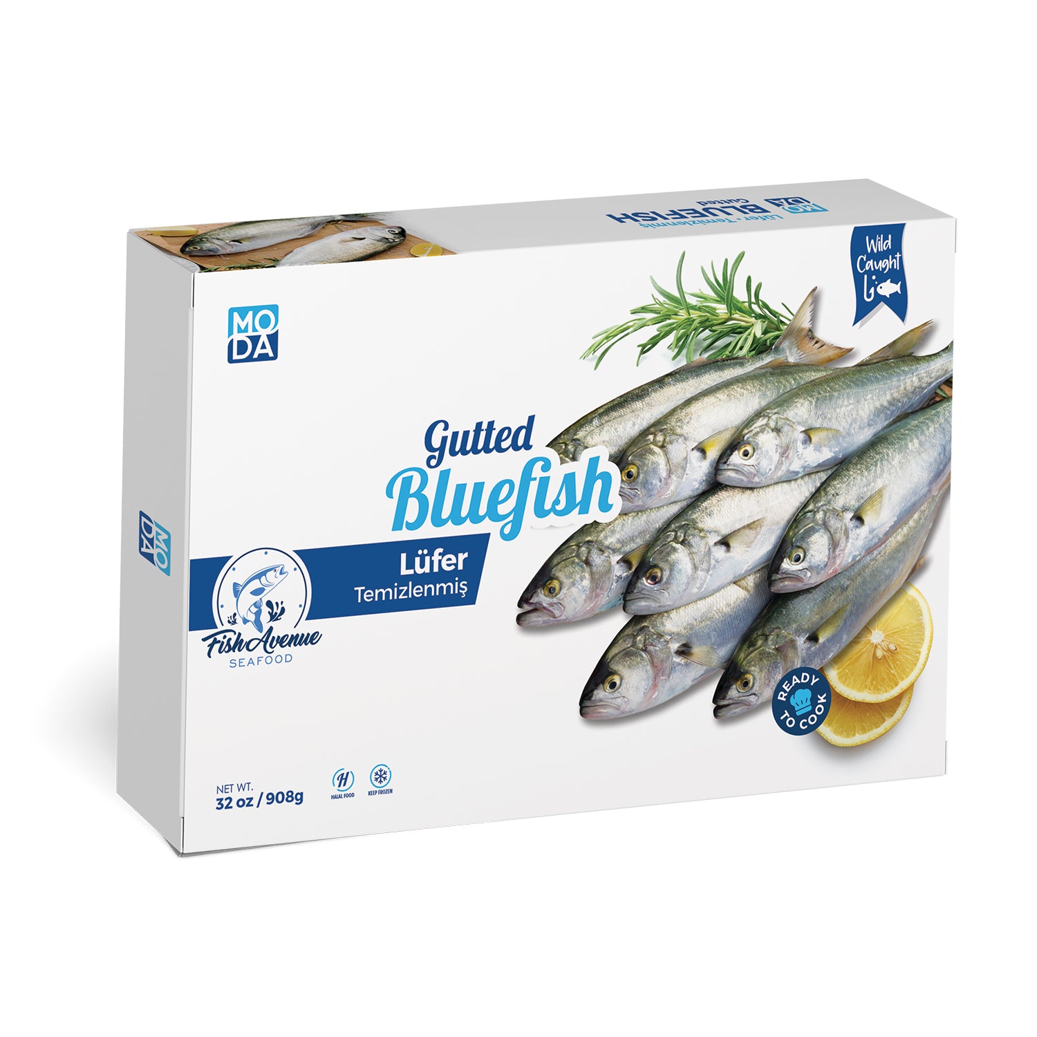 Moda Frozen Blue Fish (Donuk Lufer), Wild Caught, Gutted, 2lbs (907g)