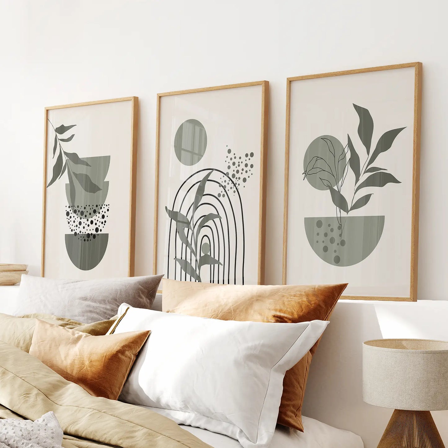 3 Piece Boho Wall Art Prints. Green Mid-Century Abstract Decor