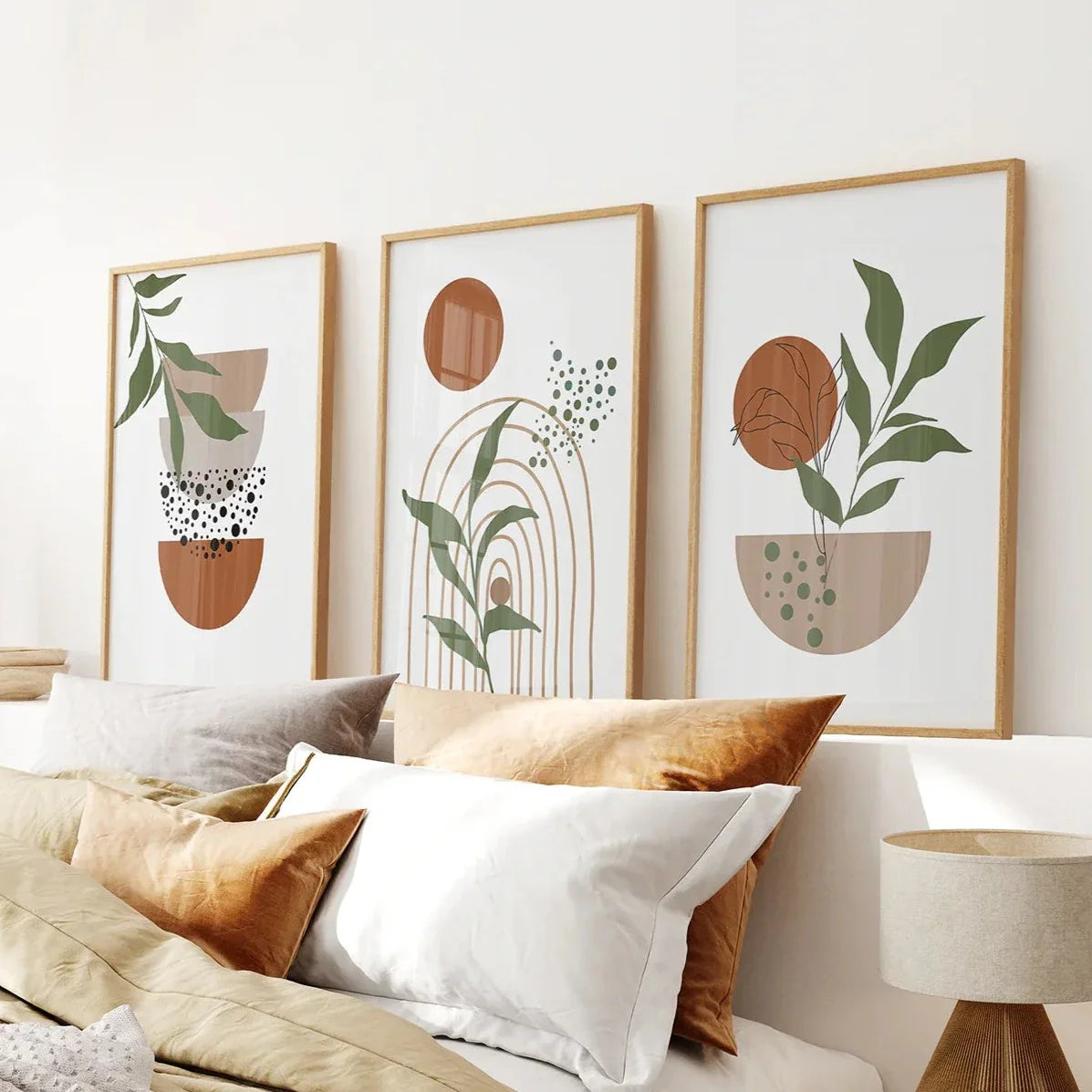 Soyut Yeşil Yapraklar Duvar Sanatı Seti 3 Parça. Toprak Tonları