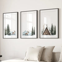 Rustic Cabin, Snowy Forest Prints. 3 Piece Winter Wall Art