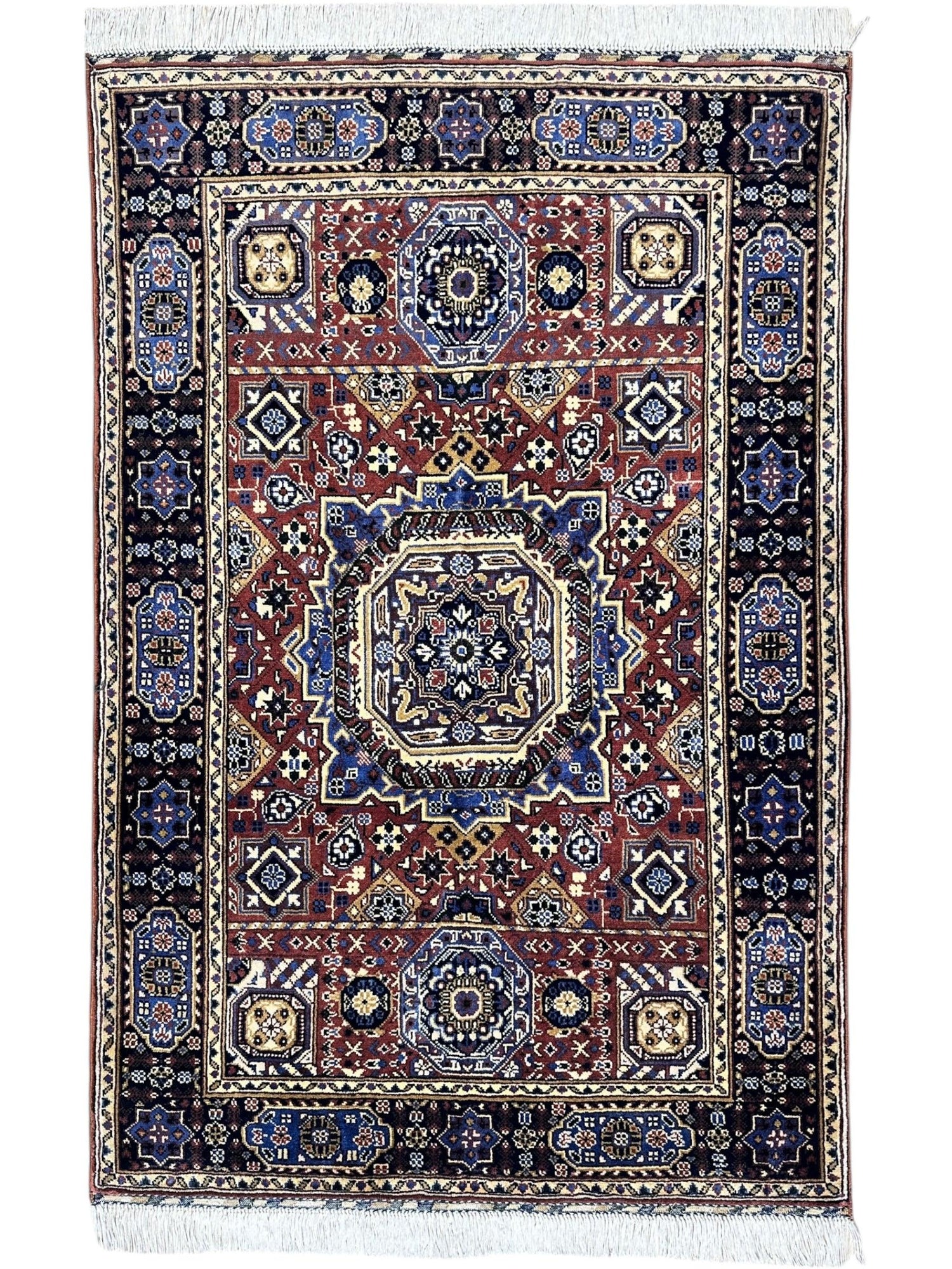 Hand-Knotted Afghani Blue & Brown Mamluk Wool Rug – 40” x 62”