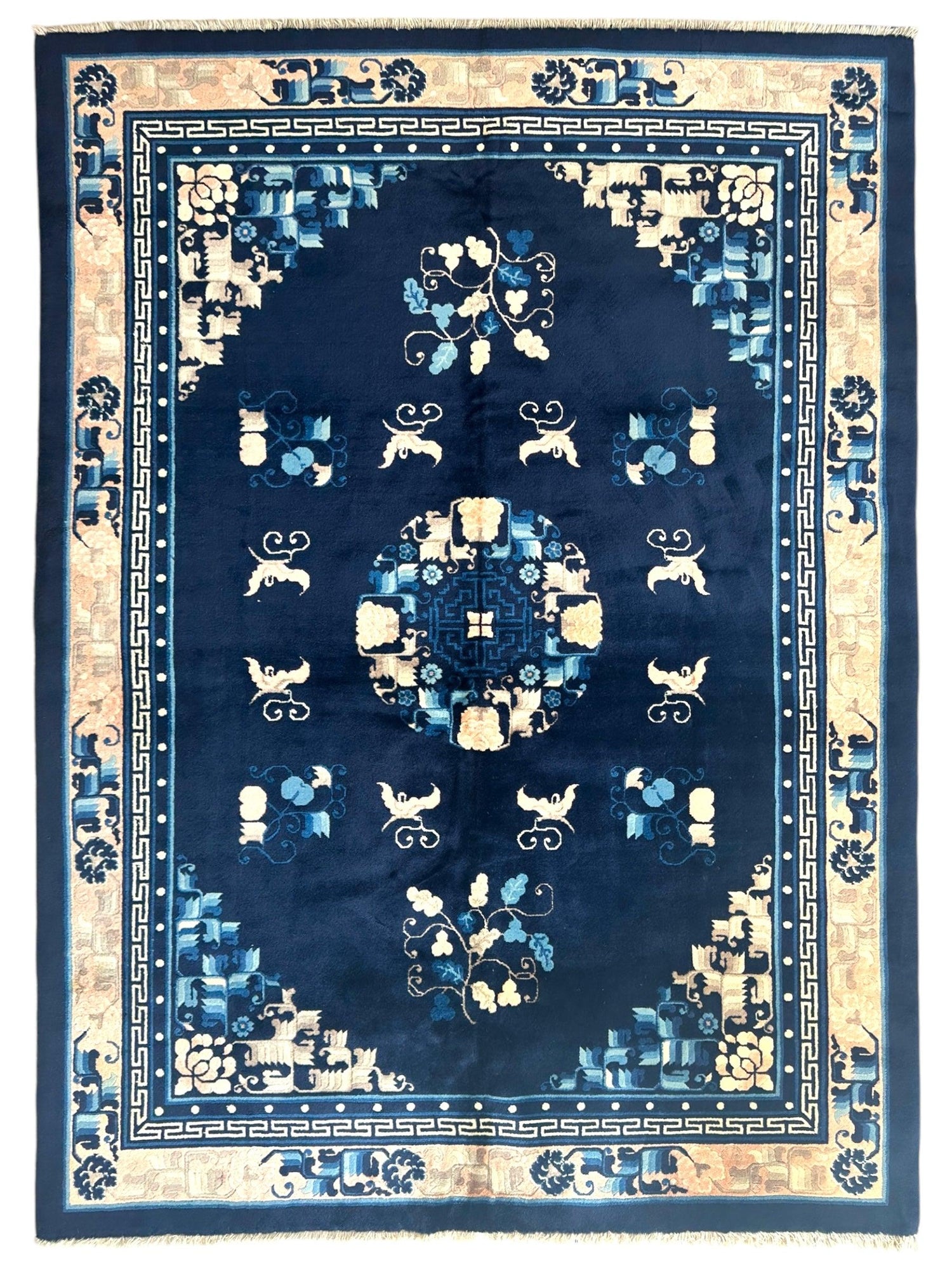 Hand-Knotted Antique Chinese Peking Wool Rug – 5’6” x 7’6” – Full Pile Navy and Cream Design
