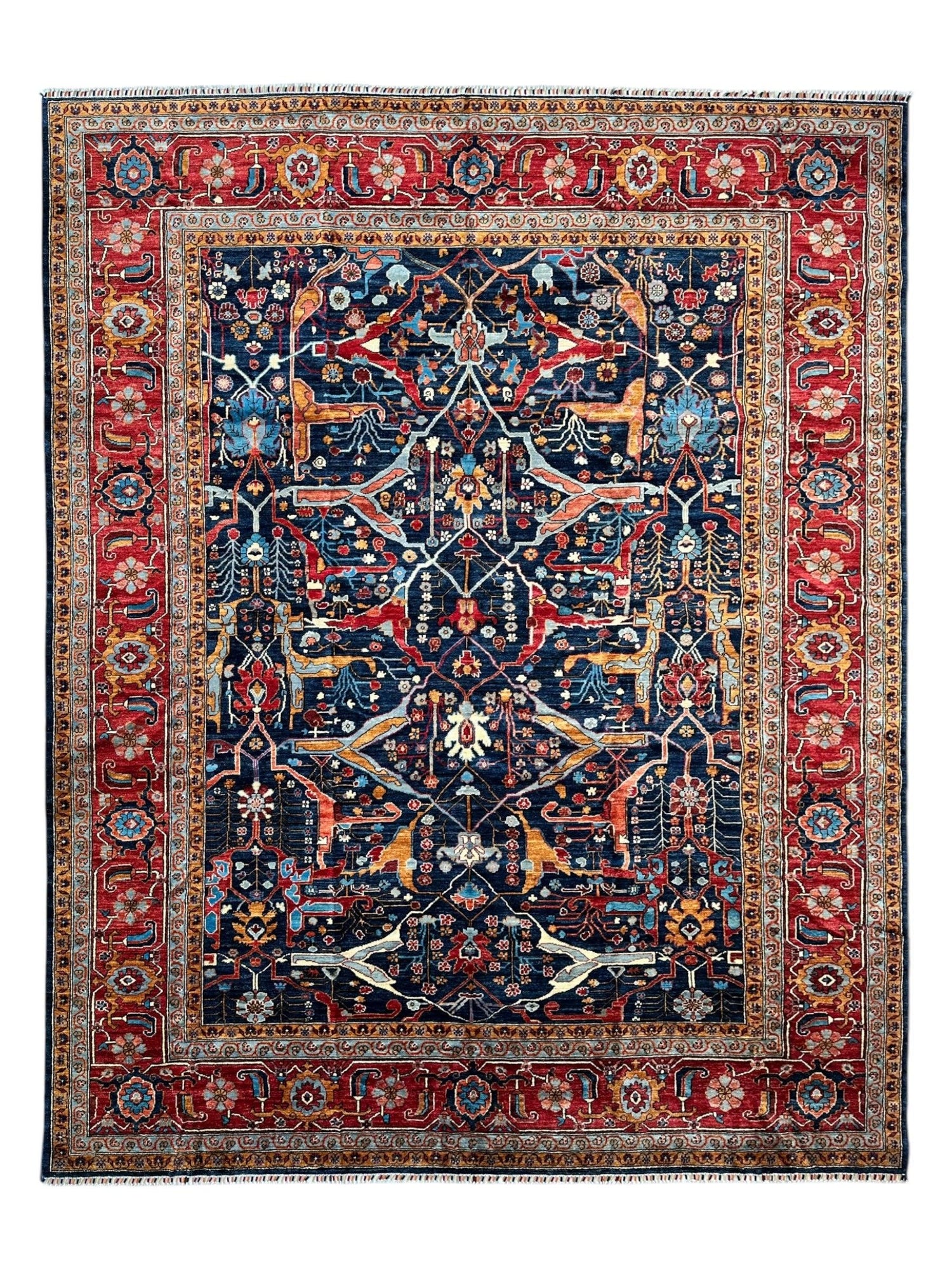 Hand-Knotted Afghani Bidjar Wool Rug – 9’x12’ – Intricate Geometric & Floral Motifs