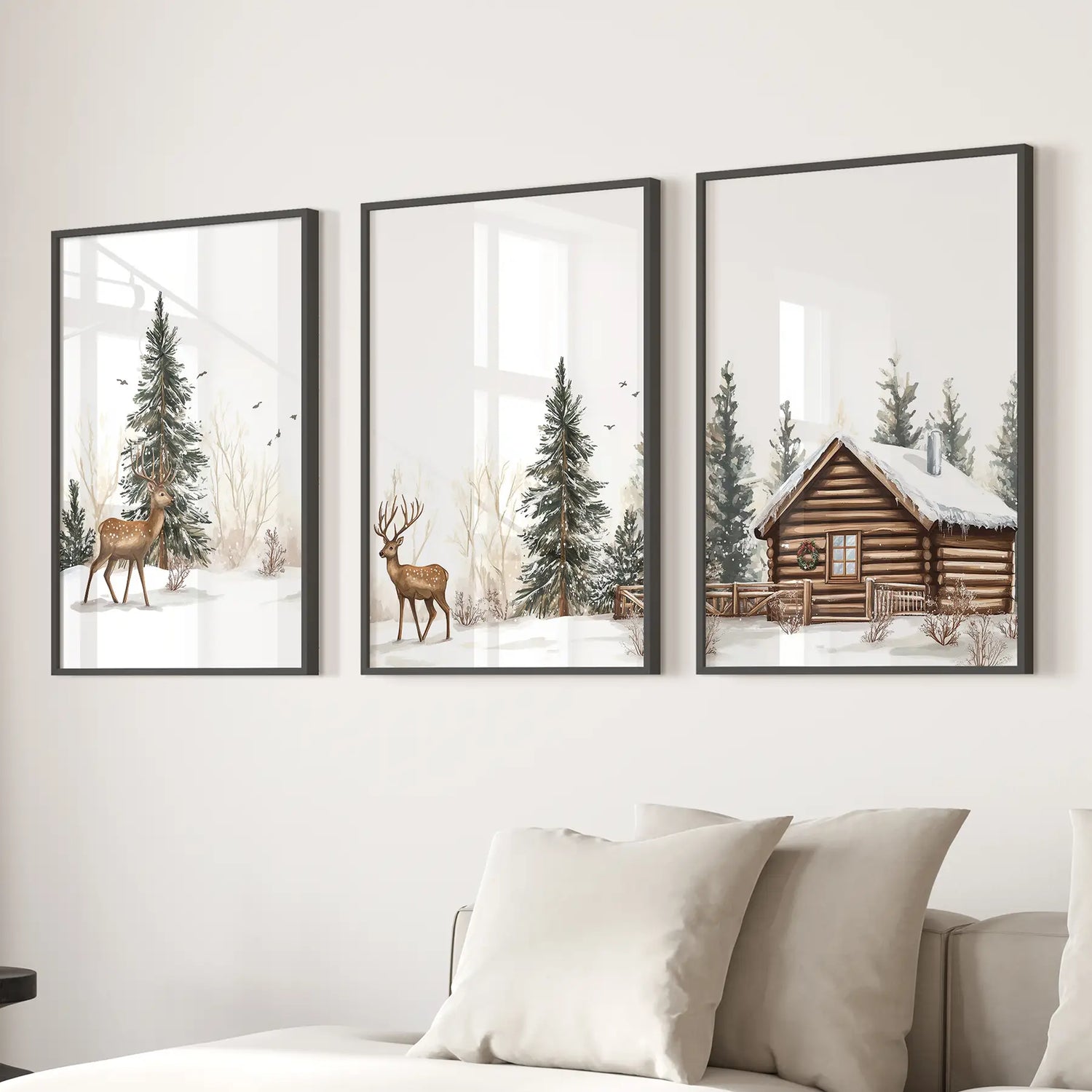 Deer and Cabin Winter 3 Piece Wall Art. Rustic Nordic Prints
