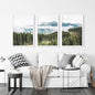 Green Pine Tree Forest. Blue Foggy Mountains. Set of 3 Prints