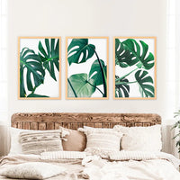 3 Piece Green Monstera Leaf Print Set. Tropical Decor