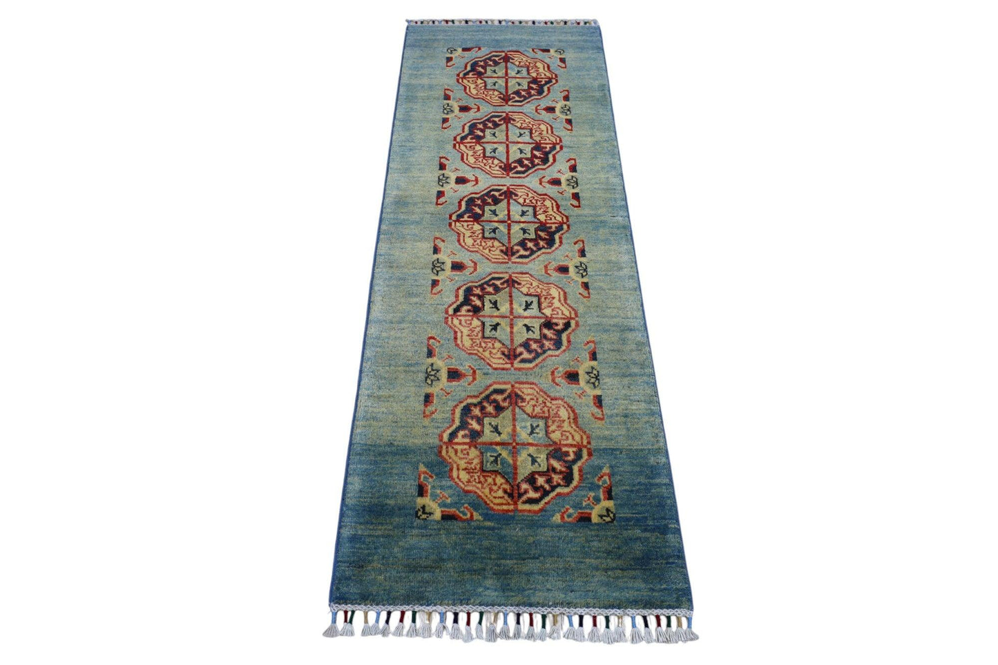 Hand-Knotted Kazak Afghani Wool Rug I Green 2' x 5'7"