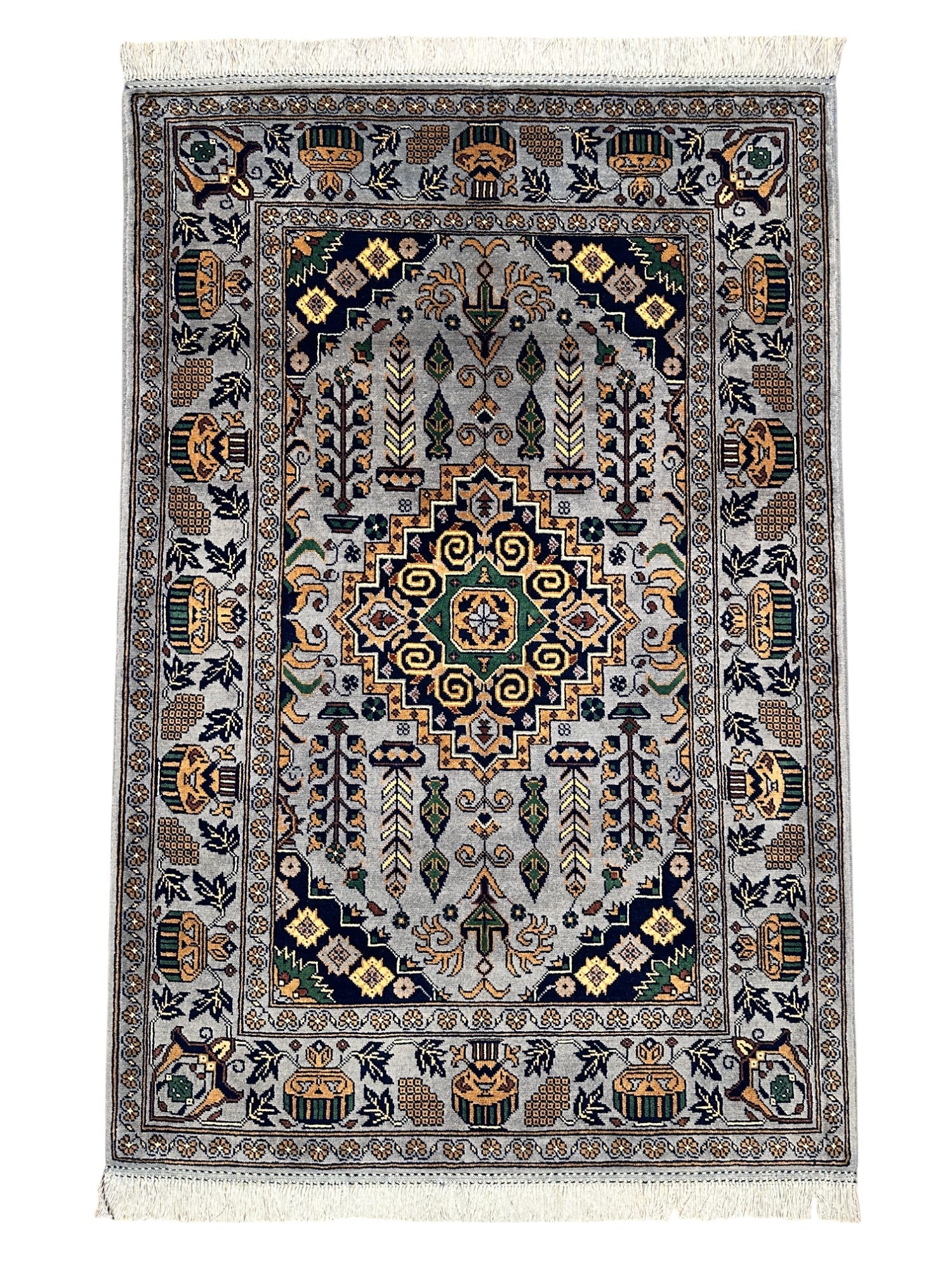 El Dokuma Afgan Zerkhaki Yün Halı – 3'4″ x 4'11″