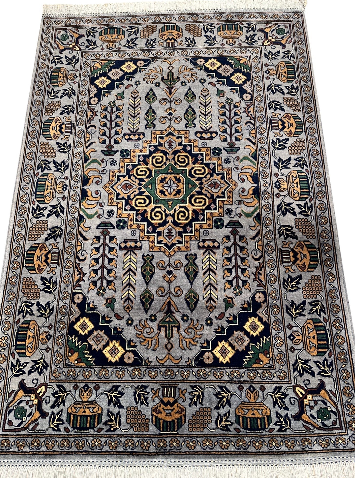 El Dokuma Afgan Zerkhaki Yün Halı – 3'4″ x 4'11″
