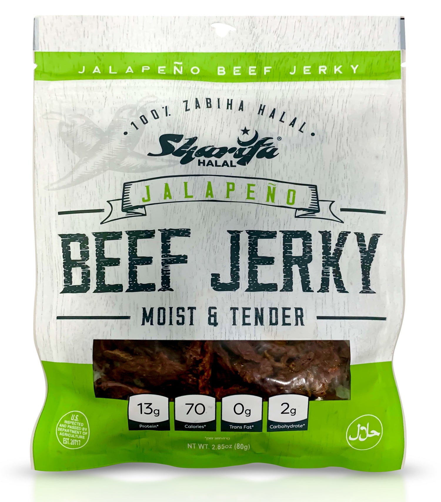 Sharifa Helal Sığır Eti Jerky, Jalapeno, (1) 2.85 oz. Poşet - Harika Her Gün Helal Jerky Sığır Eti Atıştırmalığı, %100 Gerçek Zabiha Helal Sığır Eti, 13 g Protein, 70 Kalori, 0 g Trans Yağ ve 2 g Karbonhidrat