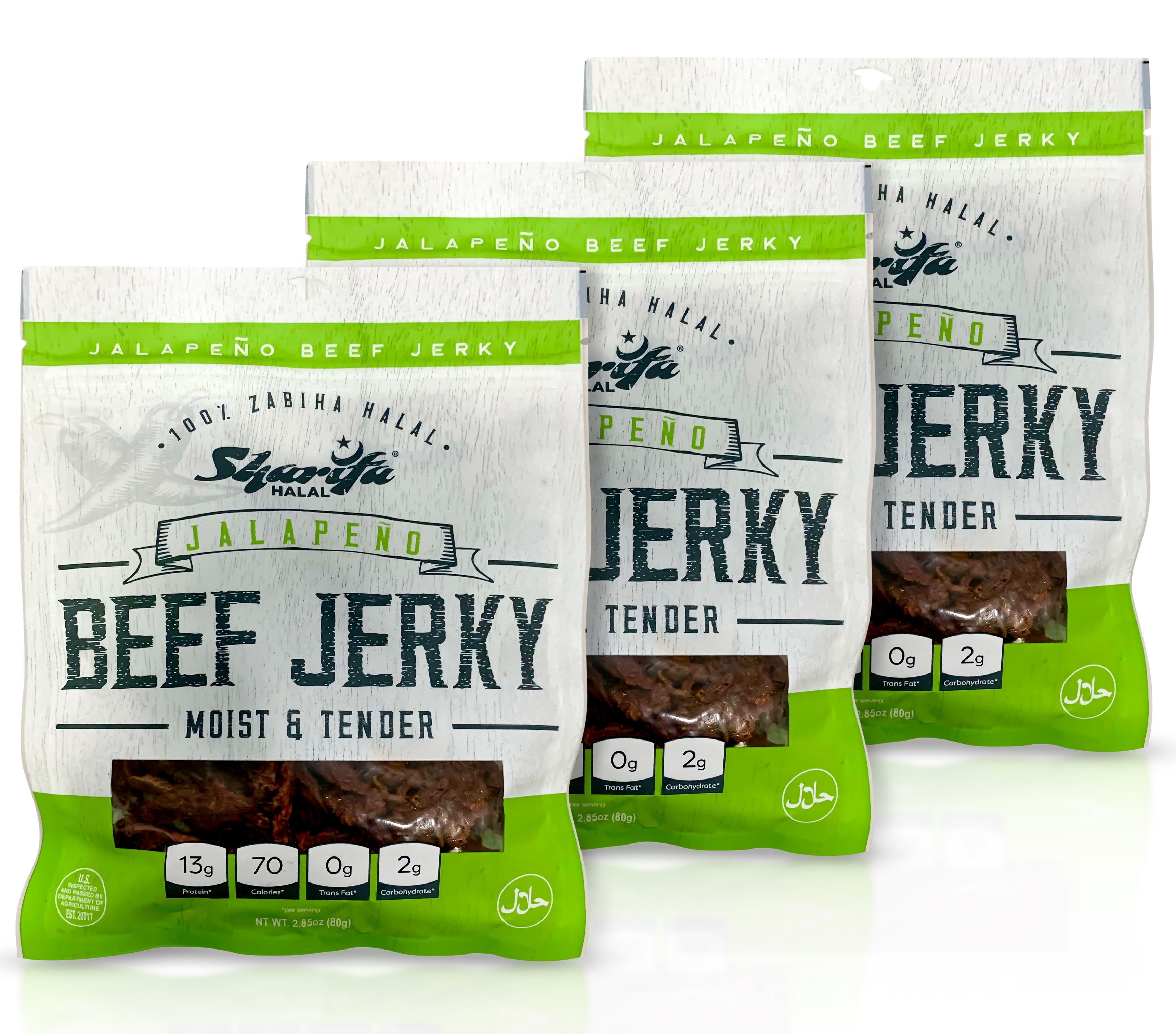 Sharifa Halal Beef Jerky, Jalapeno, (3) 2.85 oz. Bag – Great Everyday Halal Jerky Beef Meat Snack, 100 % Real Zabiha Halal Beef, 13g of Protein, 70 Calories, 0g Trans Fat, & 2g of Carbohydrates