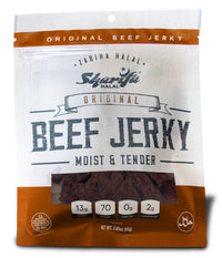 Sharifa Halal Beef Jerky, Original, (1) 2.85 oz. Bag – Great Everyday Halal Jerky Beef Meat Snack, 100 % Real Zabiha Halal Beef, 13g of Protein, 70 Calories, 0g Trans Fat, & 2g of Carbohydrates Brand: SHARIFA HALAL